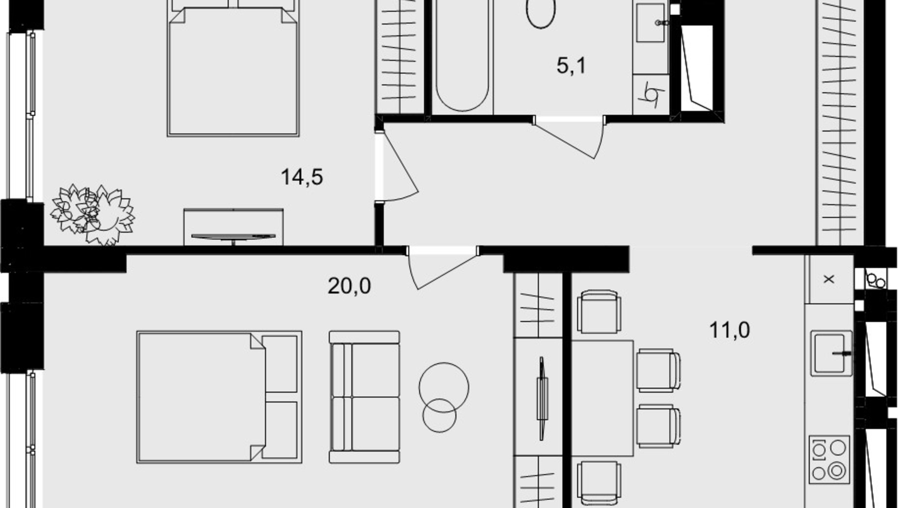 Планировка 2-комнатной квартиры в ЖК Central Park Vinnytsia 62.7 м², фото 674254