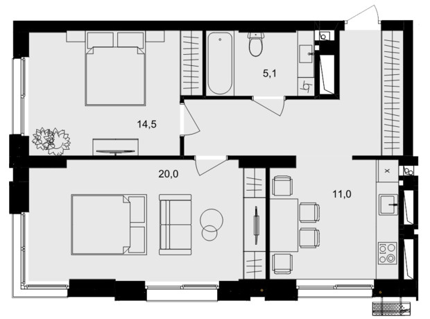 ЖК Central Park Vinnytsia: планування 2-кімнатної квартири 62.7 м²