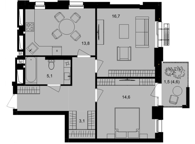 ЖК Central Park Vinnytsia: планировка 2-комнатной квартиры 66 м²