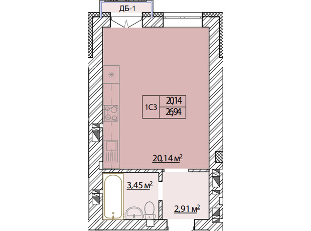 ЖК Молодість: планування 1-кімнатної квартири 26.5 м²