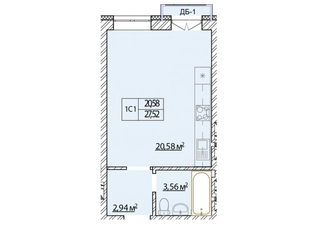 ЖК Молодость: планировка 1-комнатной квартиры 27.08 м²