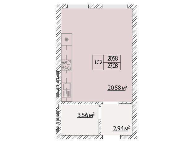 ЖК Молодость: планировка 1-комнатной квартиры 27.08 м²