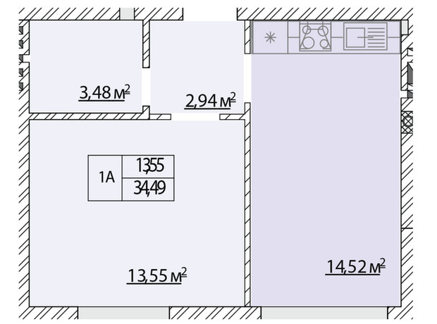 ЖК Молодость: планировка 1-комнатной квартиры 34.49 м²