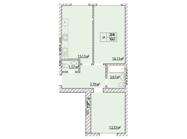 ЖК Молодость: планировка 2-комнатной квартиры 56.62 м²