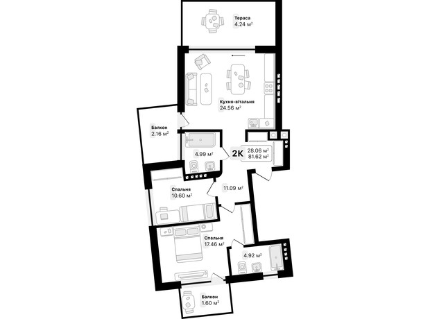 ЖК Auroom IRON: планировка 2-комнатной квартиры 81.62 м²