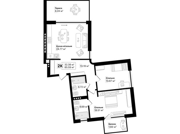 ЖК Auroom IRON: планировка 2-комнатной квартиры 85.59 м²