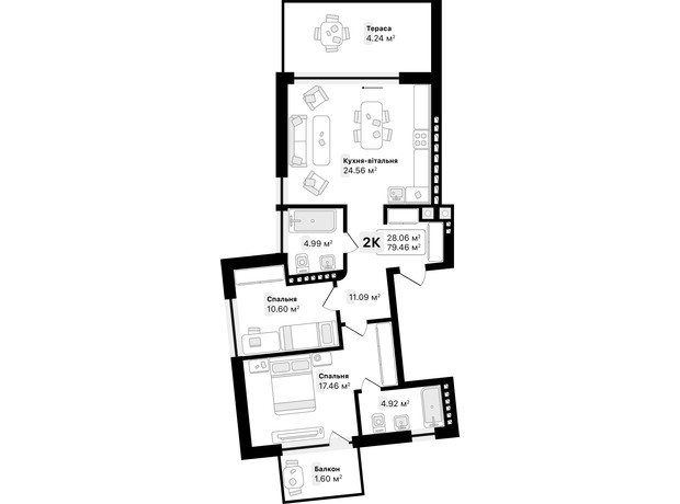 ЖК Auroom IRON: планировка 2-комнатной квартиры 79.46 м²