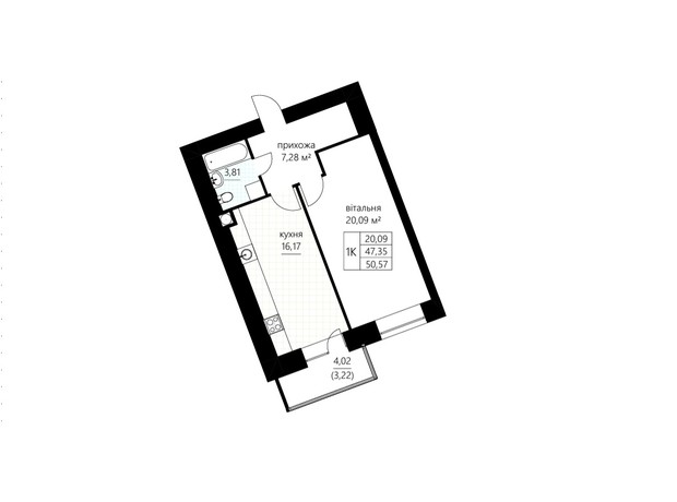 ЖК Сливен-21: планировка 1-комнатной квартиры 50.57 м²