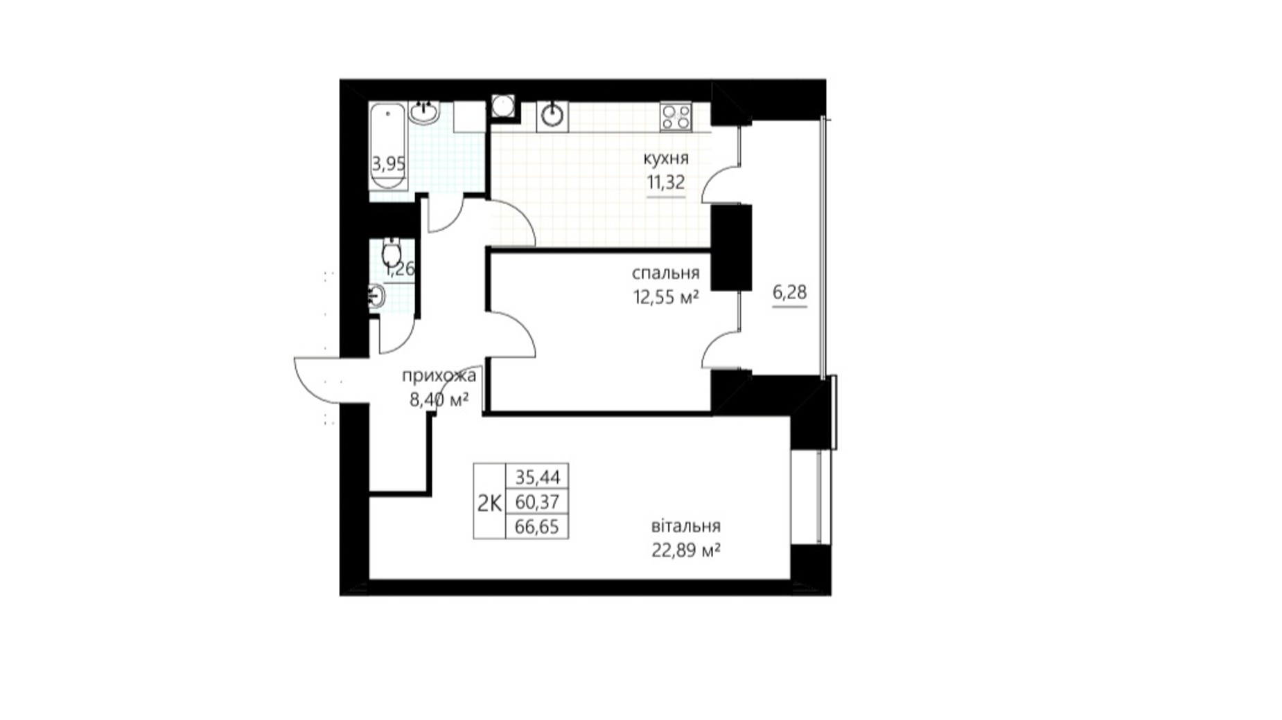 Планування 2-кімнатної квартири в ЖК Слівен-21 66.65 м², фото 674824
