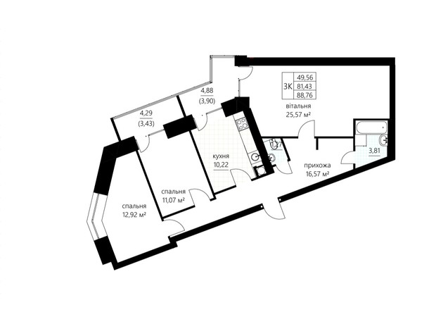 ЖК Сливен-21: планировка 3-комнатной квартиры 88.76 м²