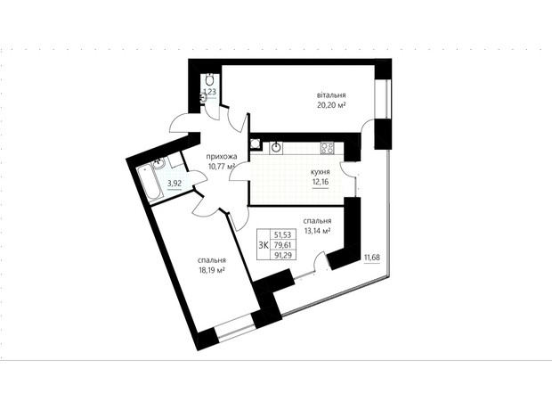 ЖК Сливен-21: планировка 3-комнатной квартиры 91.29 м²