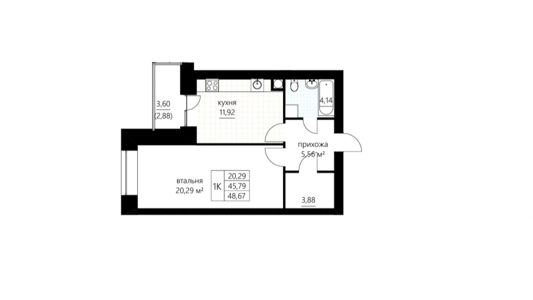 Планування 1-кімнатної квартири в ЖК Слівен-21 48.67 м², фото 674831