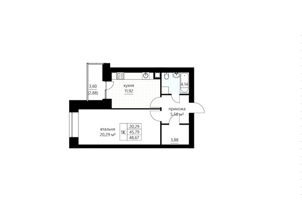 ЖК Слівен-21: планування 1-кімнатної квартири 48.67 м²