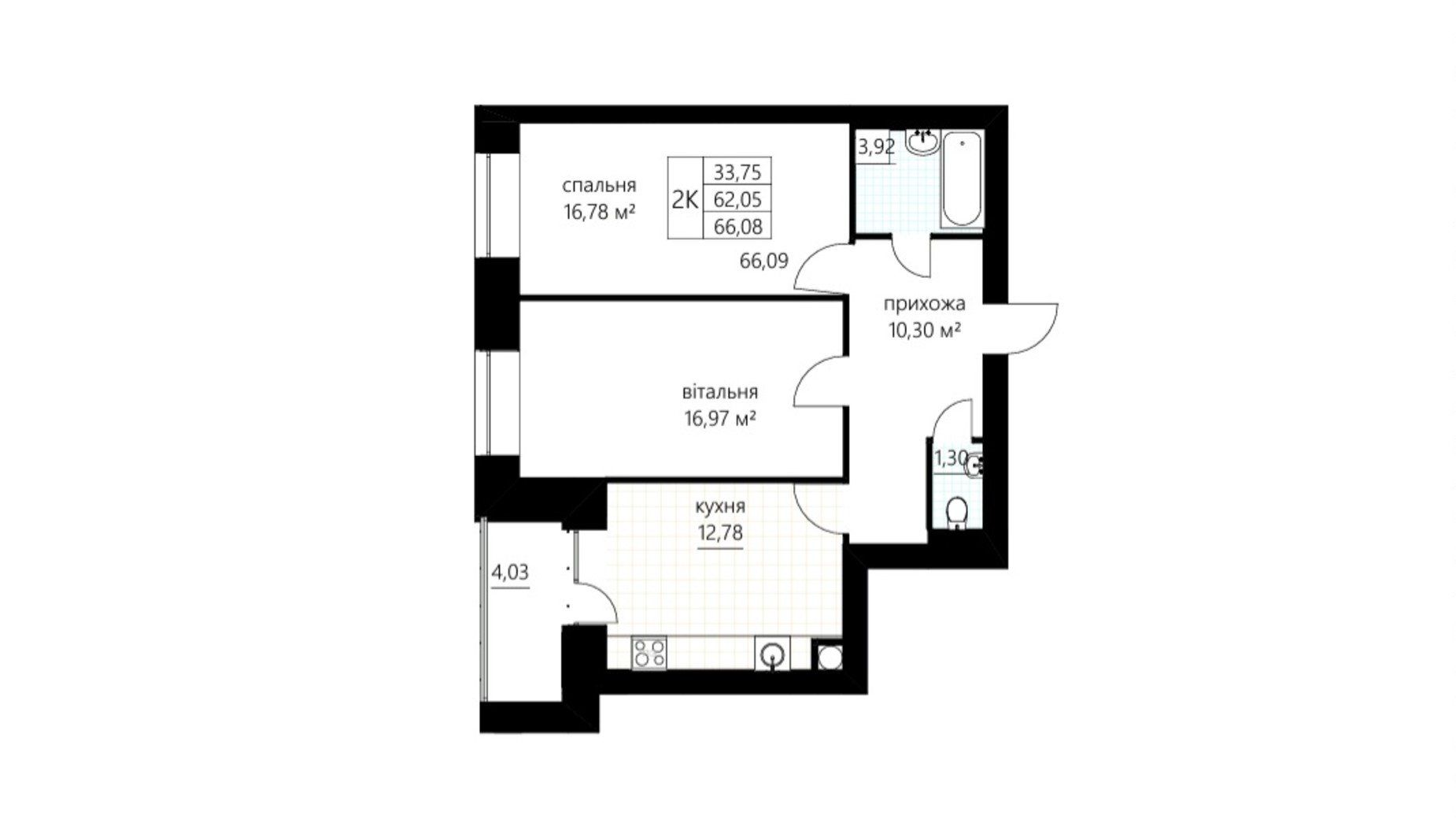 Планування 2-кімнатної квартири в ЖК Слівен-21 66.08 м², фото 674832