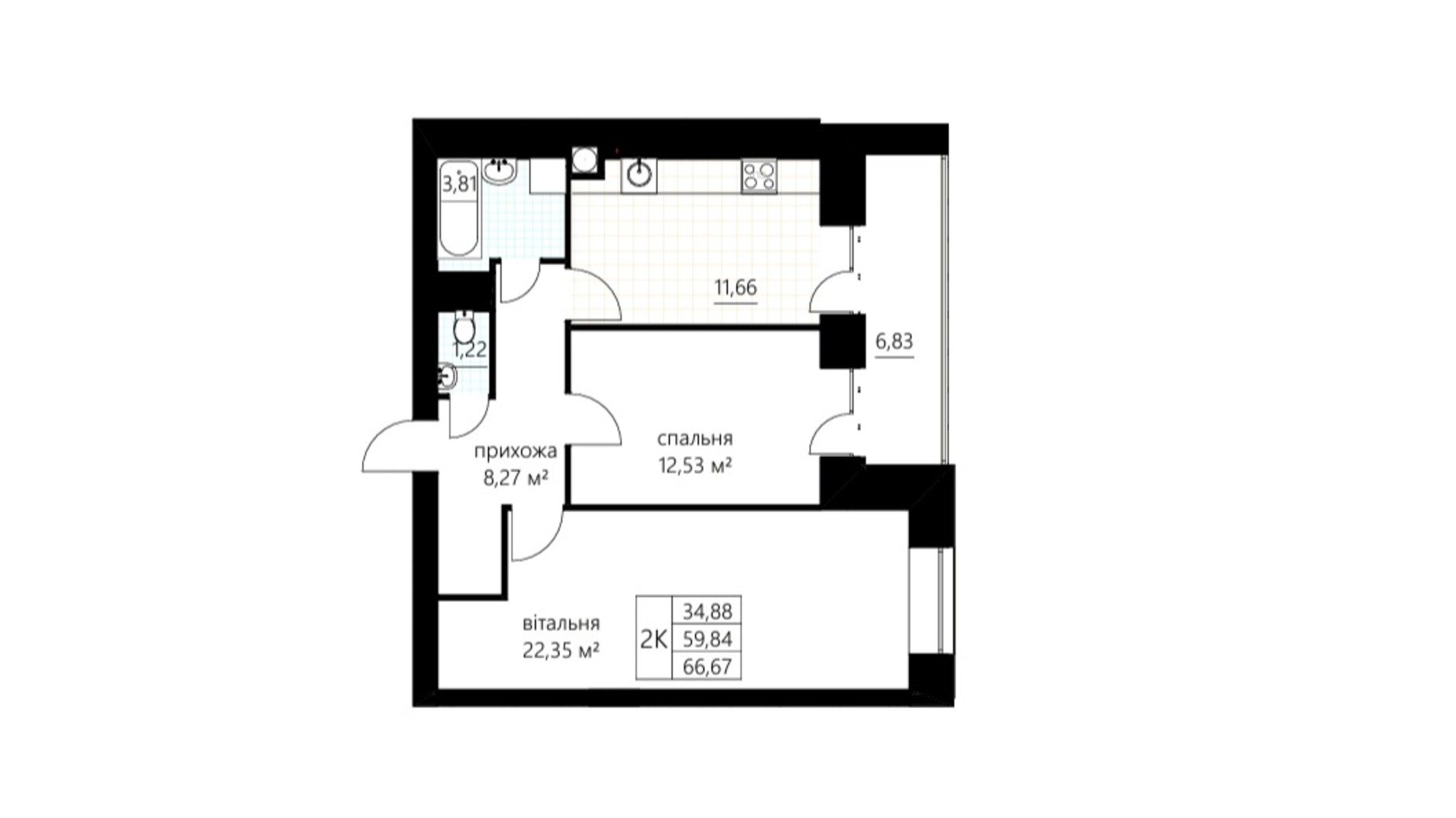 Планування 2-кімнатної квартири в ЖК Слівен-21 66.67 м², фото 674833