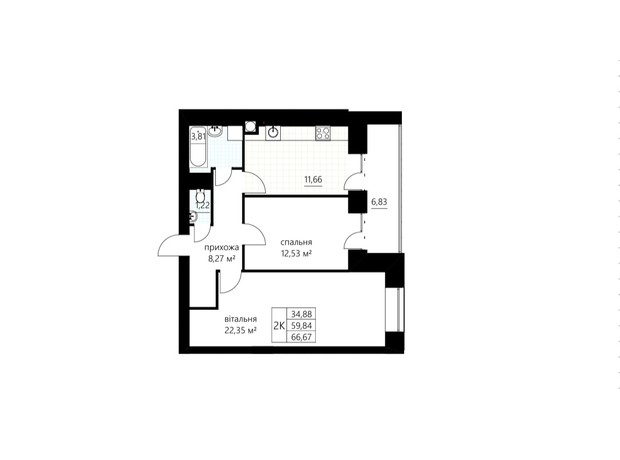 ЖК Сливен-21: планировка 2-комнатной квартиры 66.67 м²