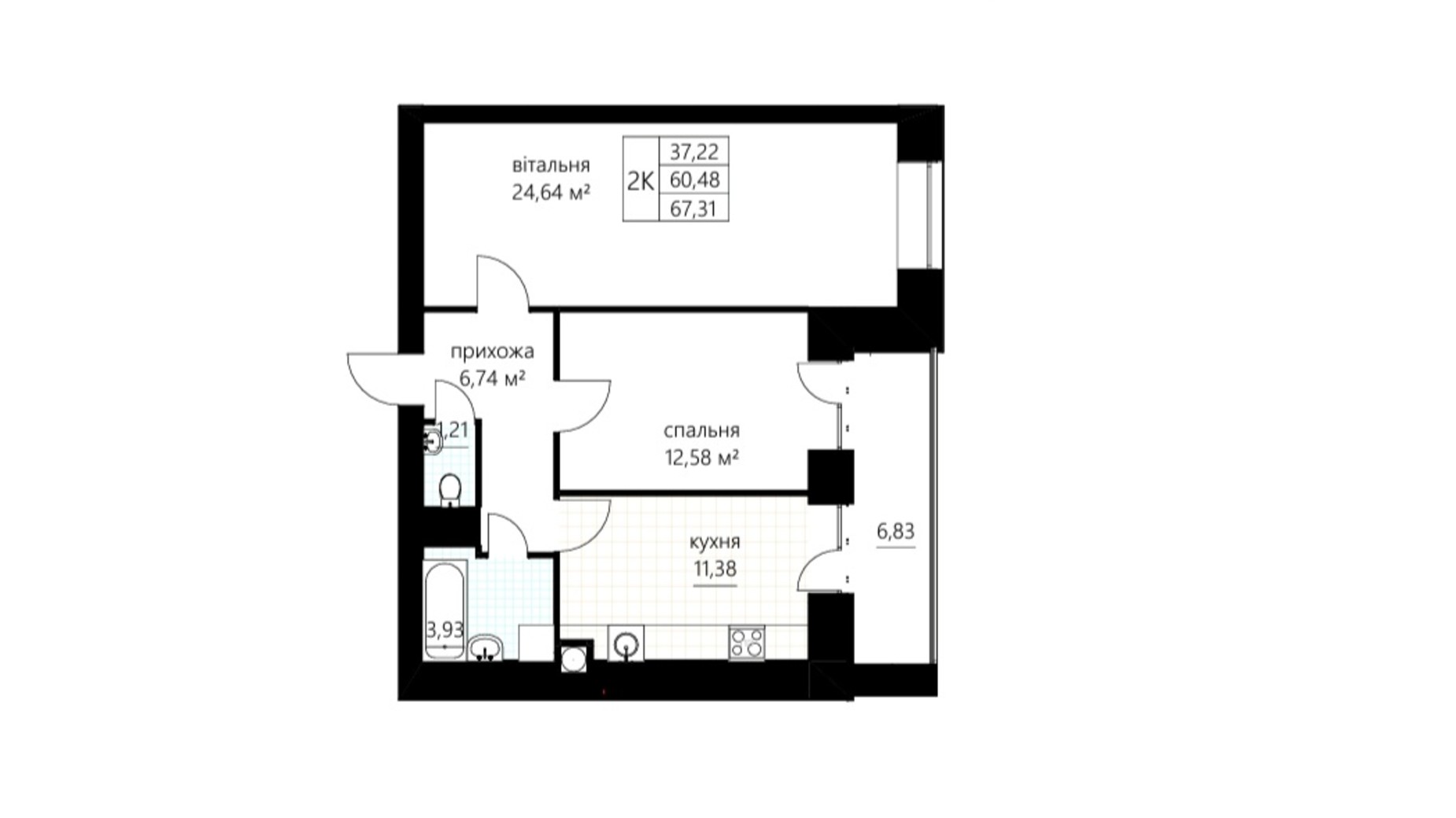 Планування 2-кімнатної квартири в ЖК Слівен-21 67.31 м², фото 674834