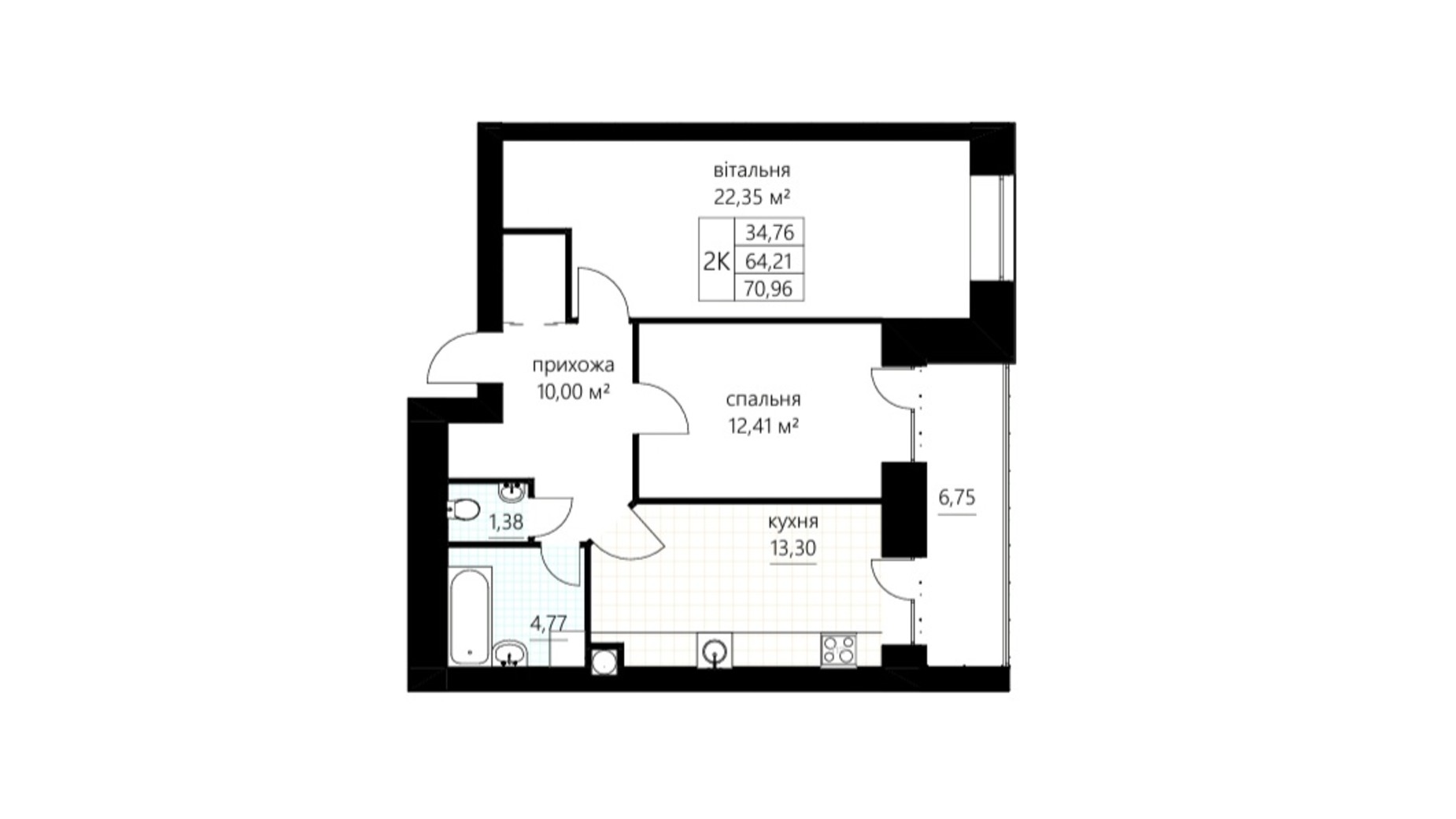Планування 2-кімнатної квартири в ЖК Слівен-21 70.96 м², фото 674835