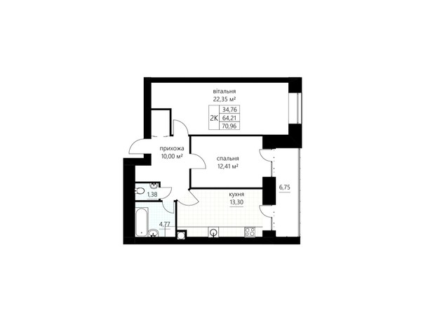 ЖК Слівен-21: планування 2-кімнатної квартири 70.96 м²
