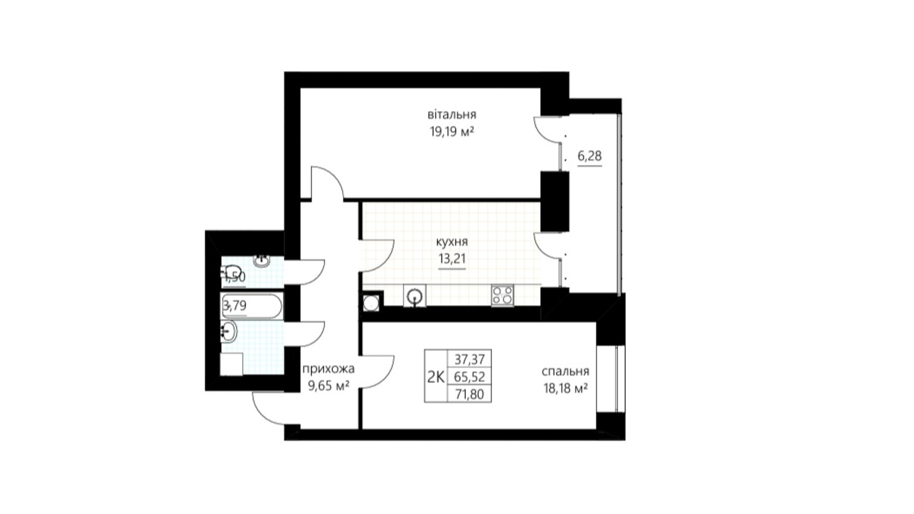 Планировка 2-комнатной квартиры в ЖК Сливен-21 71.8 м², фото 674836