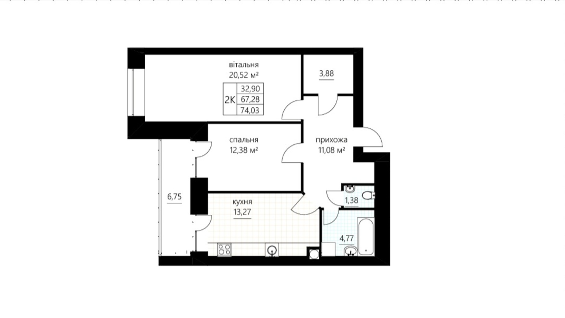 Планування 2-кімнатної квартири в ЖК Слівен-21 74.03 м², фото 674837