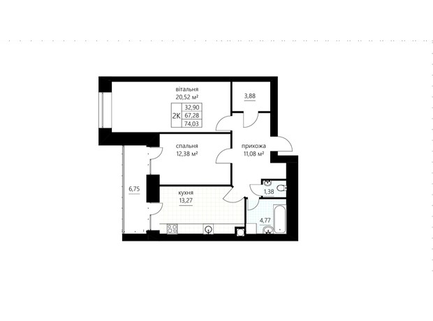 ЖК Слівен-21: планування 2-кімнатної квартири 74.03 м²