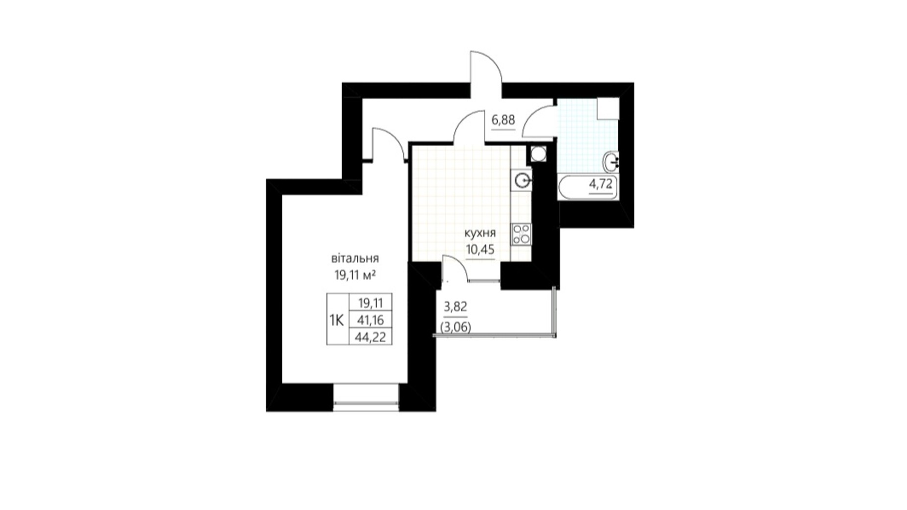 Планування 1-кімнатної квартири в ЖК Слівен-21 44.22 м², фото 674839
