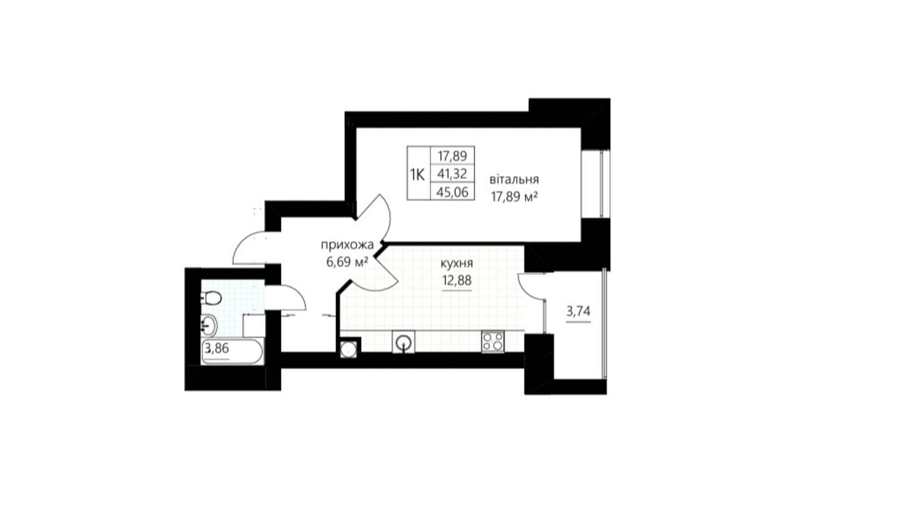 Планування 1-кімнатної квартири в ЖК Слівен-21 45.06 м², фото 674840