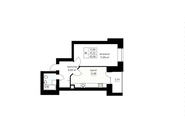ЖК Слівен-21: планування 1-кімнатної квартири 45.06 м²