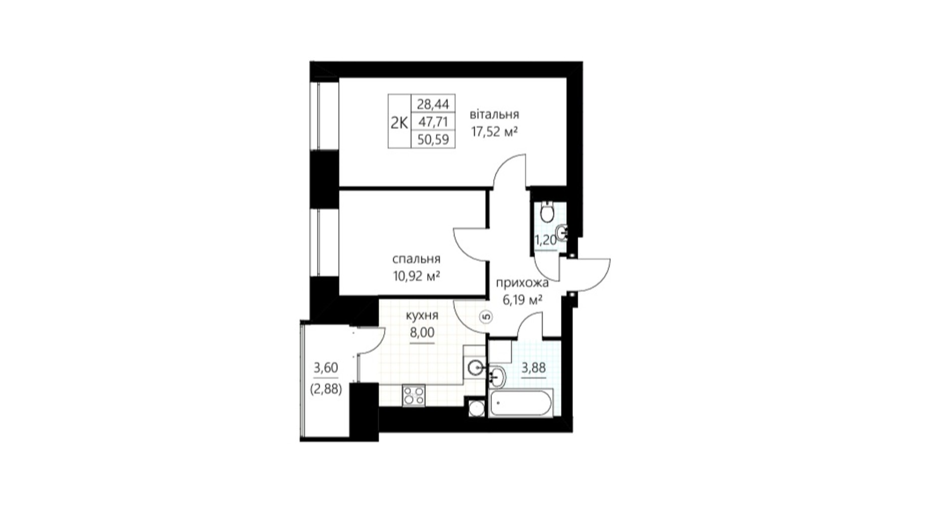 Планування 2-кімнатної квартири в ЖК Слівен-21 50.59 м², фото 674841