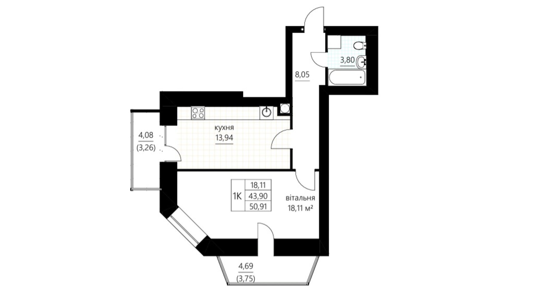 Планировка 2-комнатной квартиры в ЖК Сливен-21 50.91 м², фото 674842