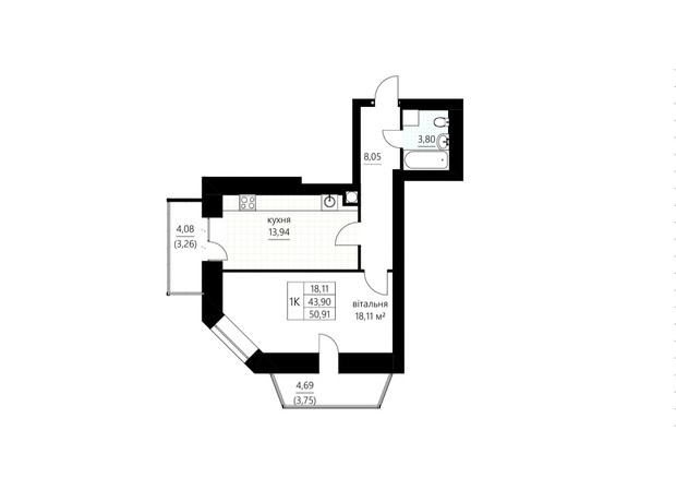 ЖК Сливен-21: планировка 2-комнатной квартиры 50.91 м²