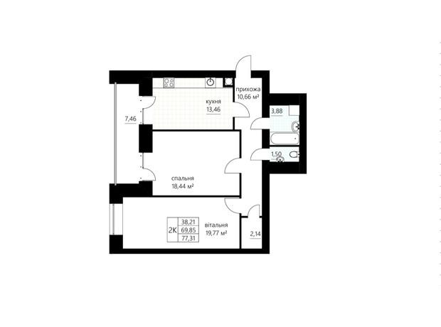 ЖК Сливен-21: планировка 2-комнатной квартиры 77.31 м²