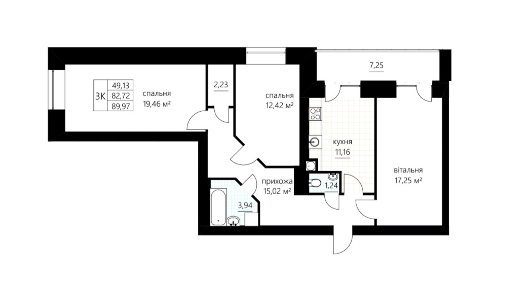 Планировка 3-комнатной квартиры в ЖК Сливен-21 89.97 м², фото 674844