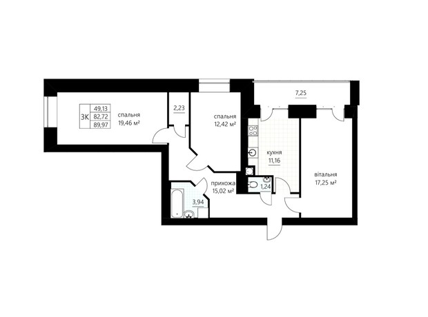 ЖК Слівен-21: планування 3-кімнатної квартири 89.97 м²