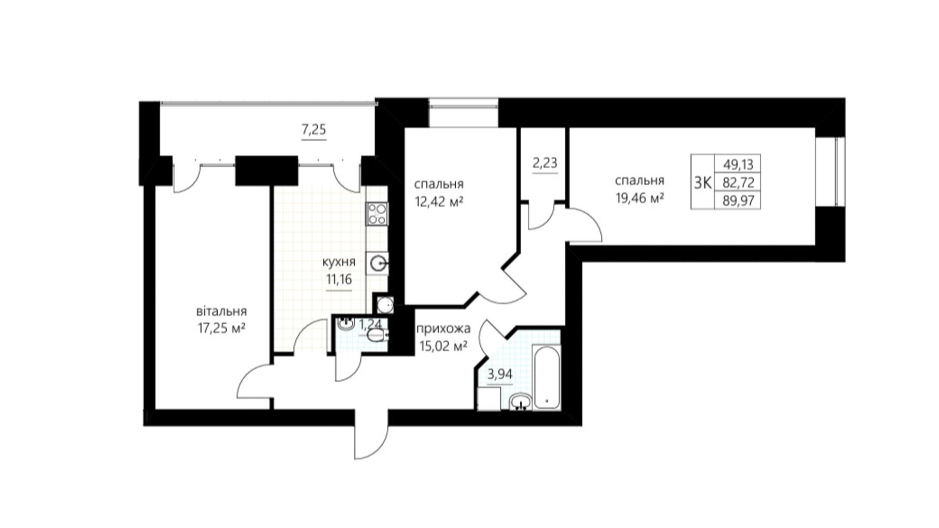 Планировка 3-комнатной квартиры в ЖК Сливен-21 89.97 м², фото 674845