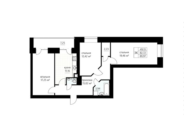 ЖК Слівен-21: планування 3-кімнатної квартири 89.97 м²