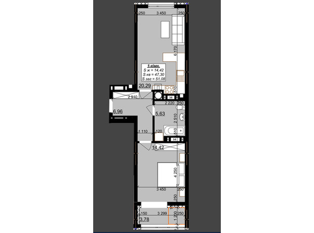 ЖК Millennium Elite: планування 1-кімнатної квартири 51.08 м²