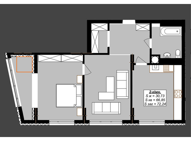 ЖК Millennium Elite: планировка 2-комнатной квартиры 72.24 м²