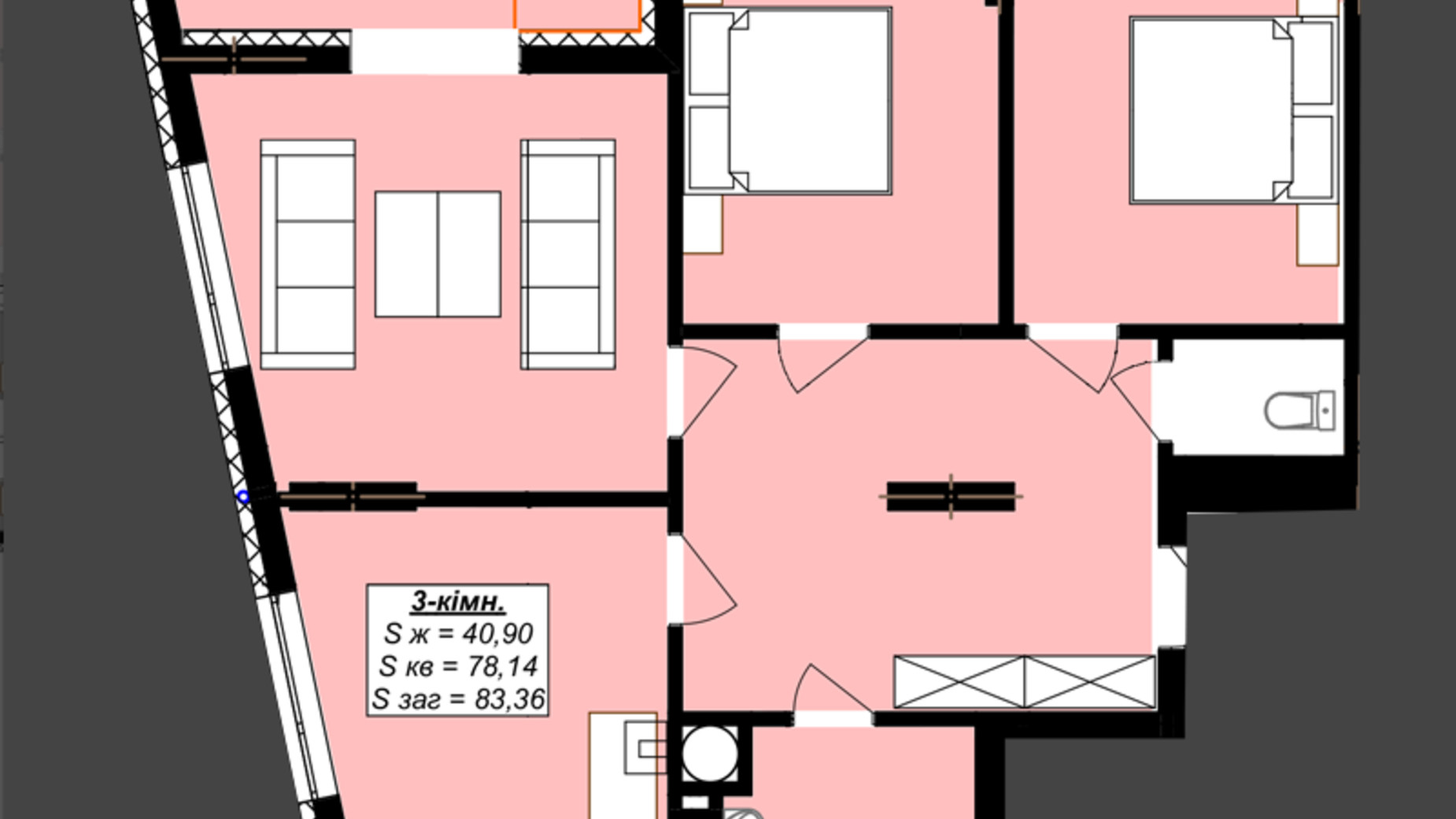 Планировка 3-комнатной квартиры в ЖК Millennium Elite 83.36 м², фото 674915