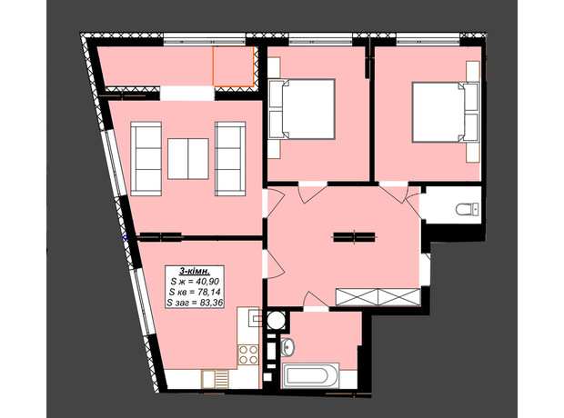 ЖК Millennium Elite: планировка 3-комнатной квартиры 83.36 м²