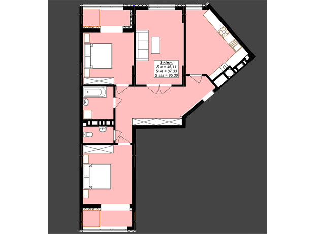 ЖК Millennium Elite: планировка 3-комнатной квартиры 95.3 м²