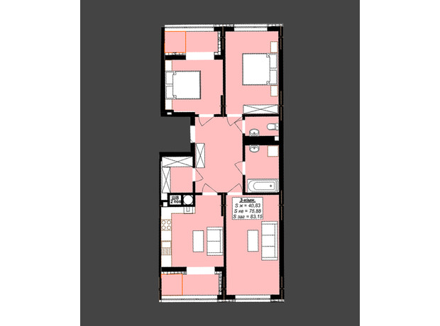 ЖК Millennium Elite: планування 3-кімнатної квартири 83.15 м²