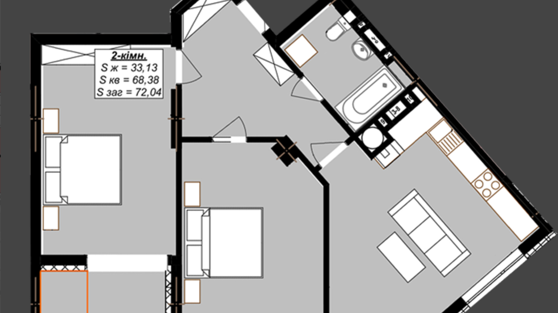 Планування 2-кімнатної квартири в ЖК Millennium Elite 72.04 м², фото 674919