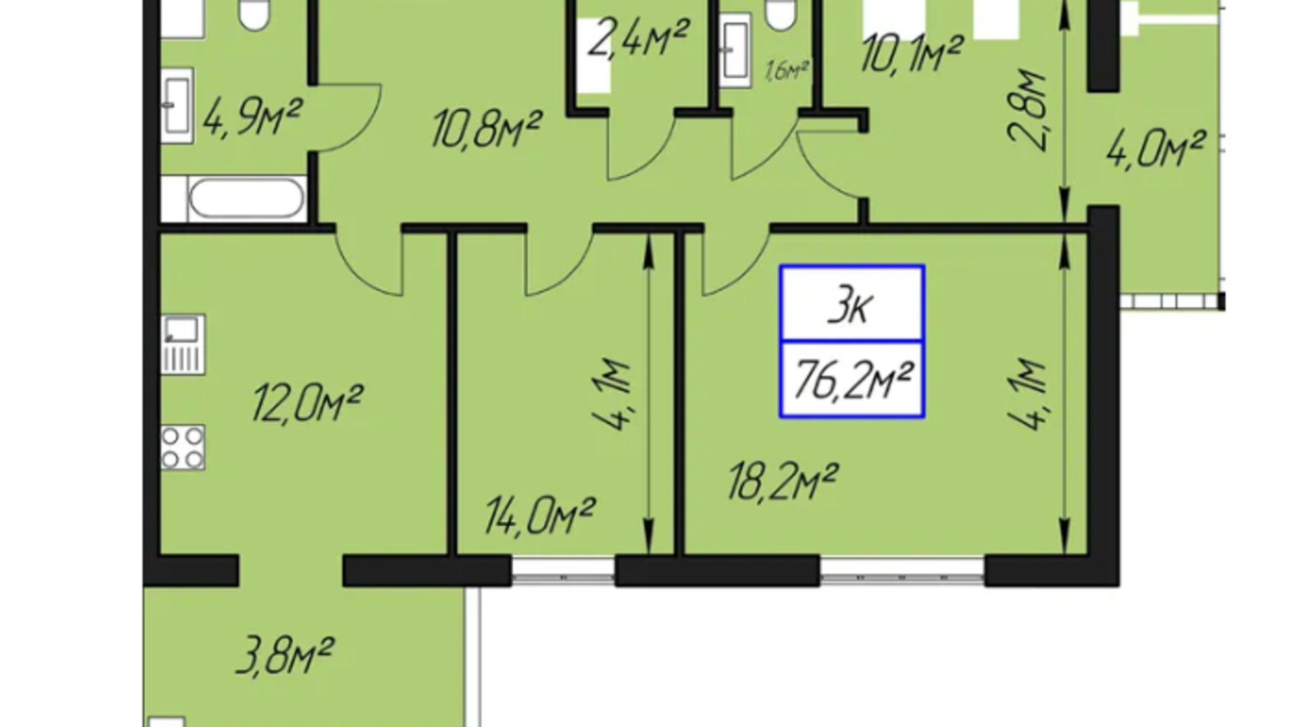 Планування 3-кімнатної квартири в ЖК Паркове містечко 76.2 м², фото 674920