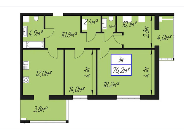 ЖК Паркове містечко: планировка 3-комнатной квартиры 76.2 м²