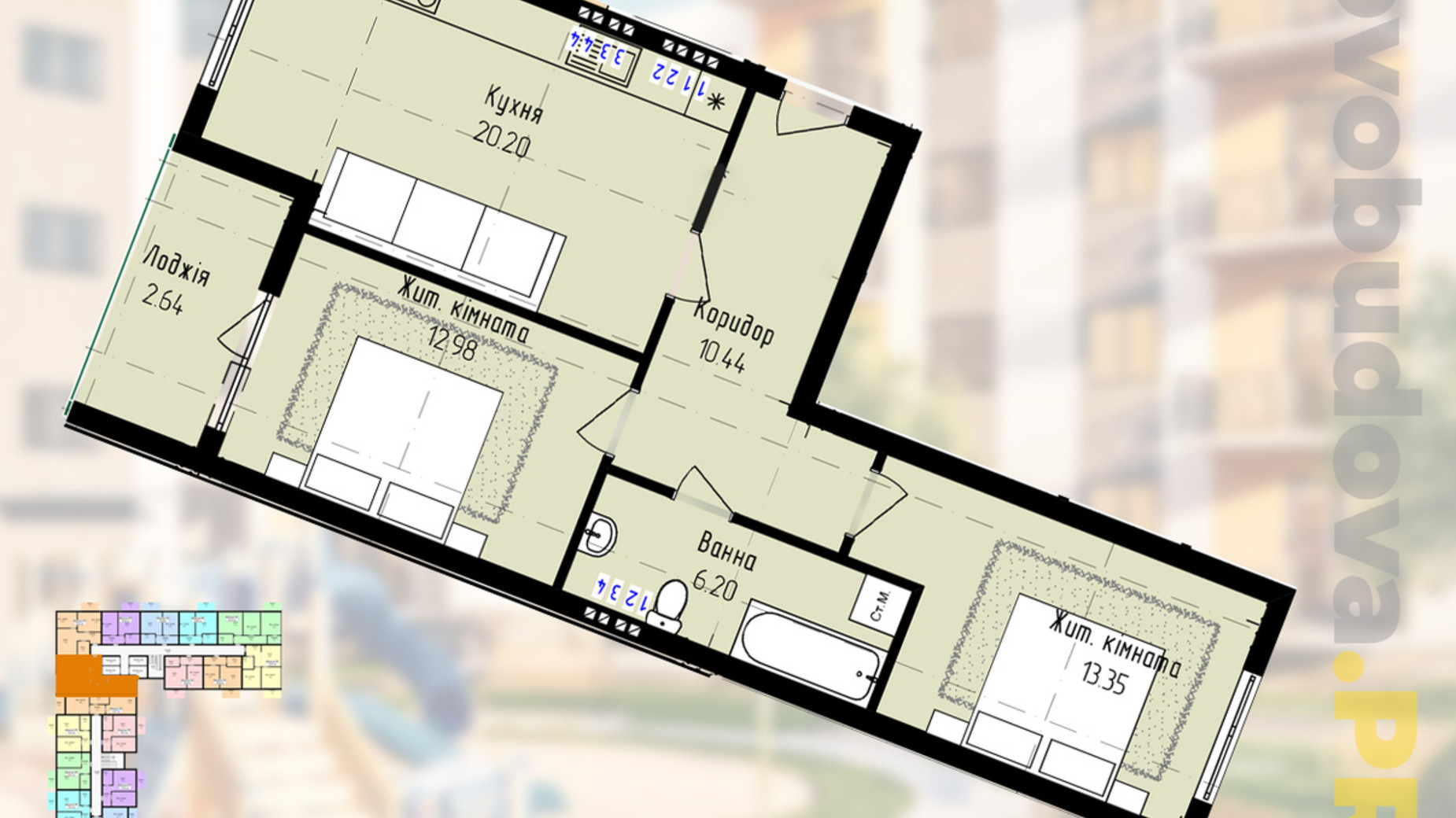 Планировка 2-комнатной квартиры в ЖК Садовый 65.81 м², фото 675154