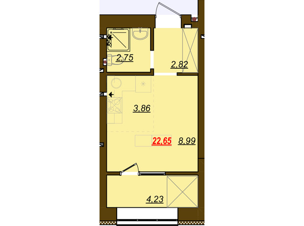 ЖК Молодість: планування 1-кімнатної квартири 22.65 м²