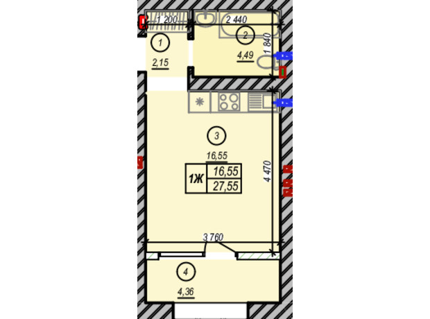 ЖК Молодость: планировка 1-комнатной квартиры 27.55 м²