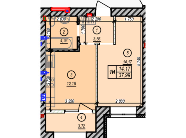 ЖК Молодость: планировка 1-комнатной квартиры 37.99 м²